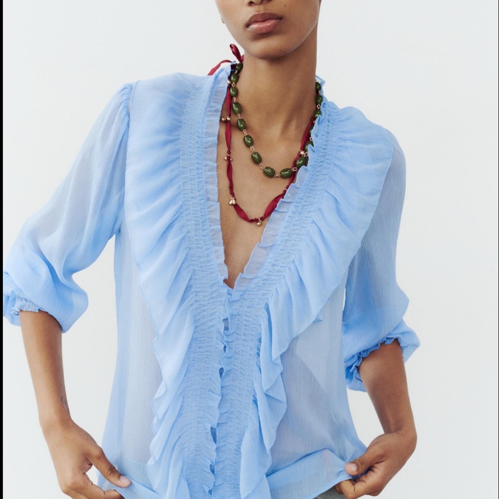 ZARA BLUE SEMI SHEER RUFFLED BLOUSE